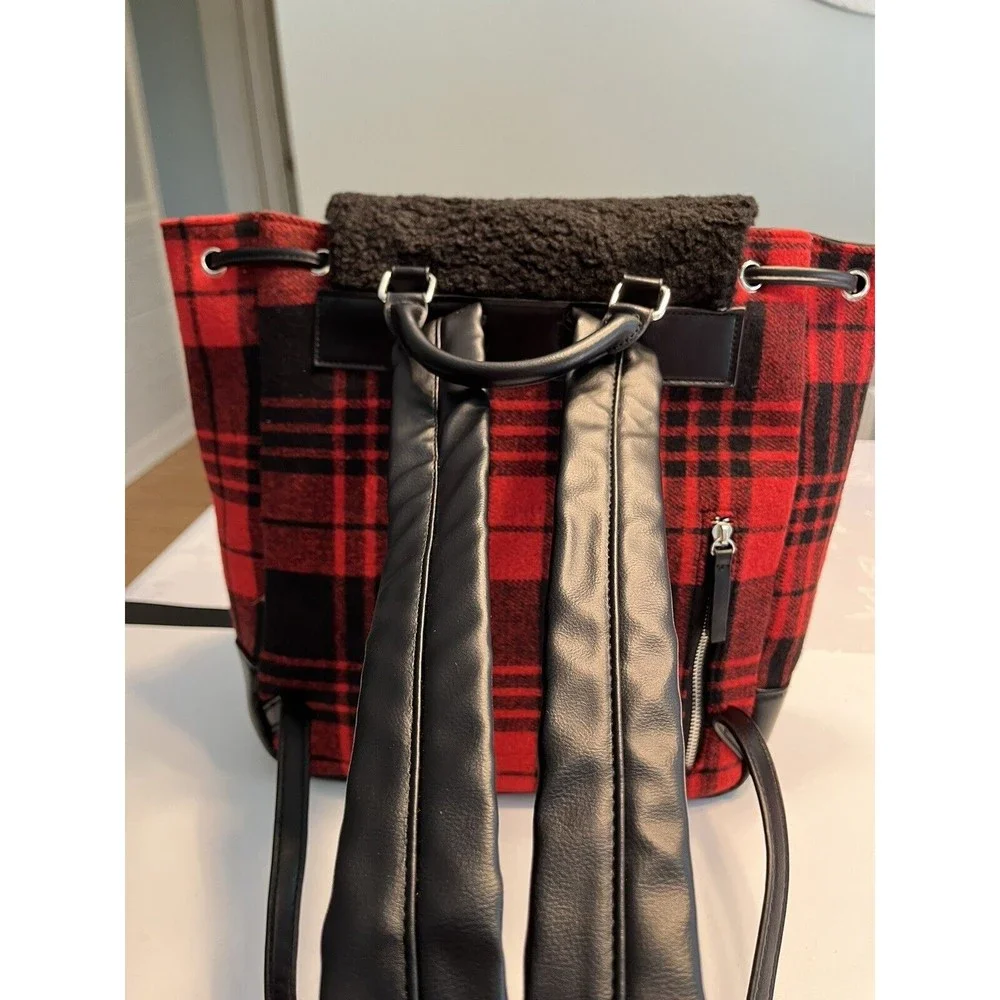 BEARPAW Faux Shearling Trim Drawstring Backpack, Red and Black Buffalo Plaid